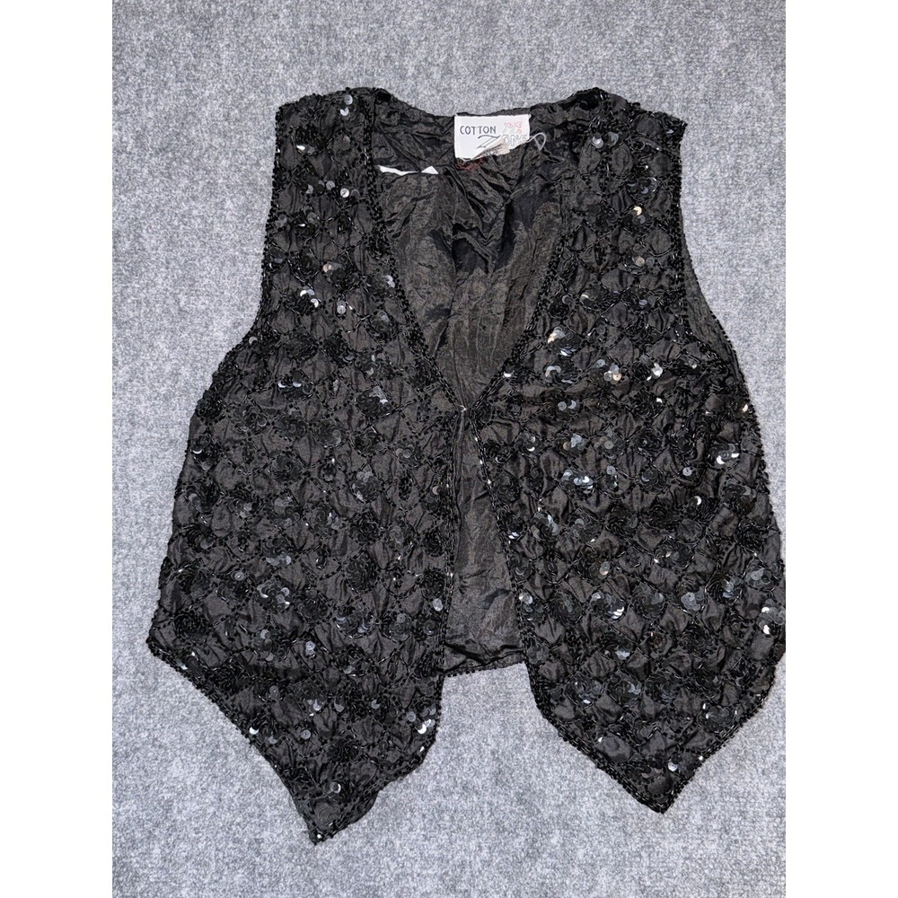 Vintage 80s Cotton Zone Black Silk Beaded All Over Sequins Vest Small Party